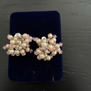 Vintage Pink Pearl and Crystal  Clip-on Earrings